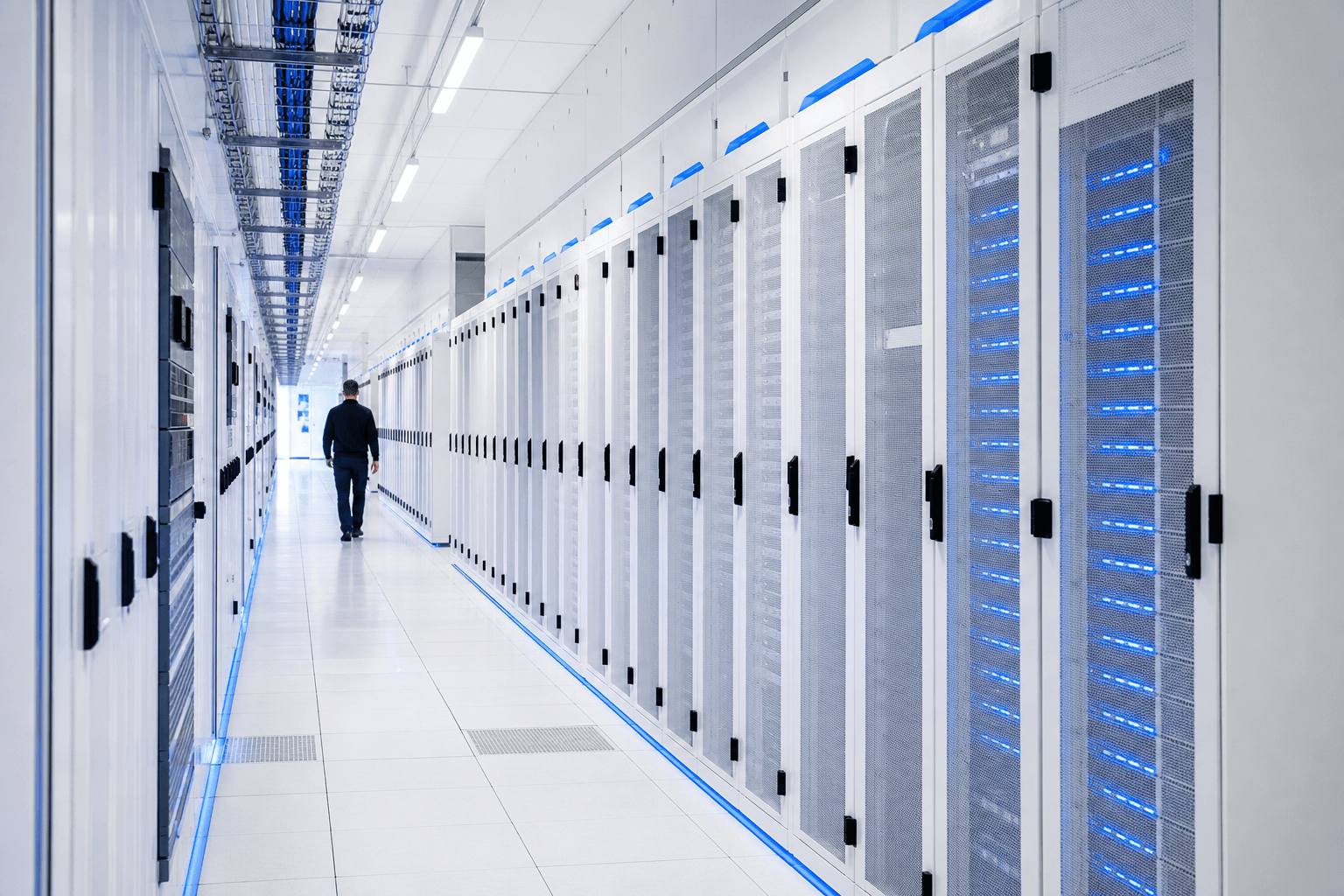 A long white data hall aisle lined with server racks lit by blue indicator lights