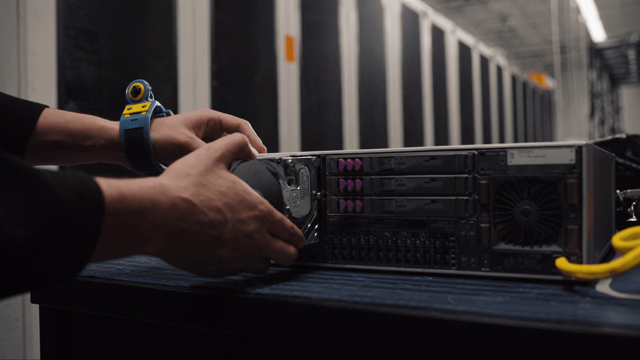 An engineer at a workbench removing a hard drive from an open server, antistatic mat on the bench and data hall behind