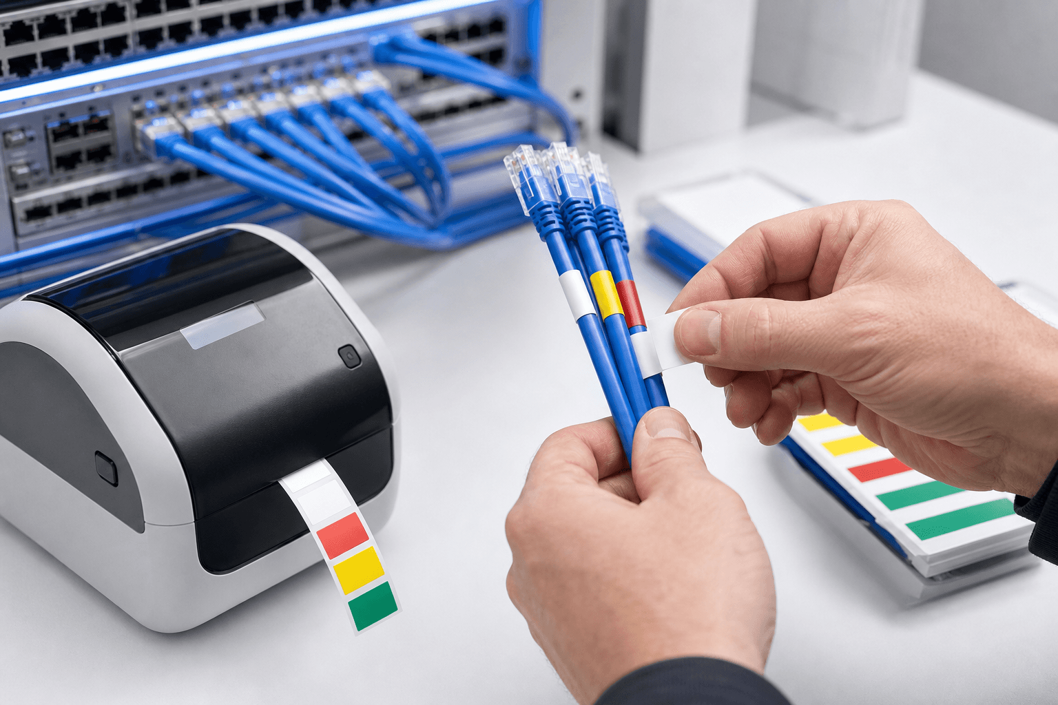 Colour-coded cable labels being printed and applied to patch leads