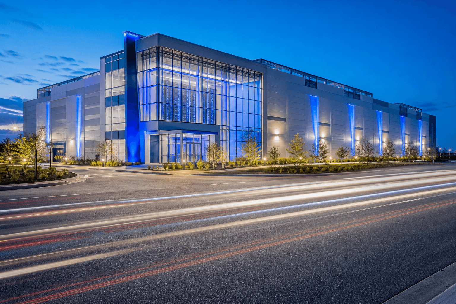 The exterior of a modern data centre at dusk, lit blue, with traffic light trails on the road outside