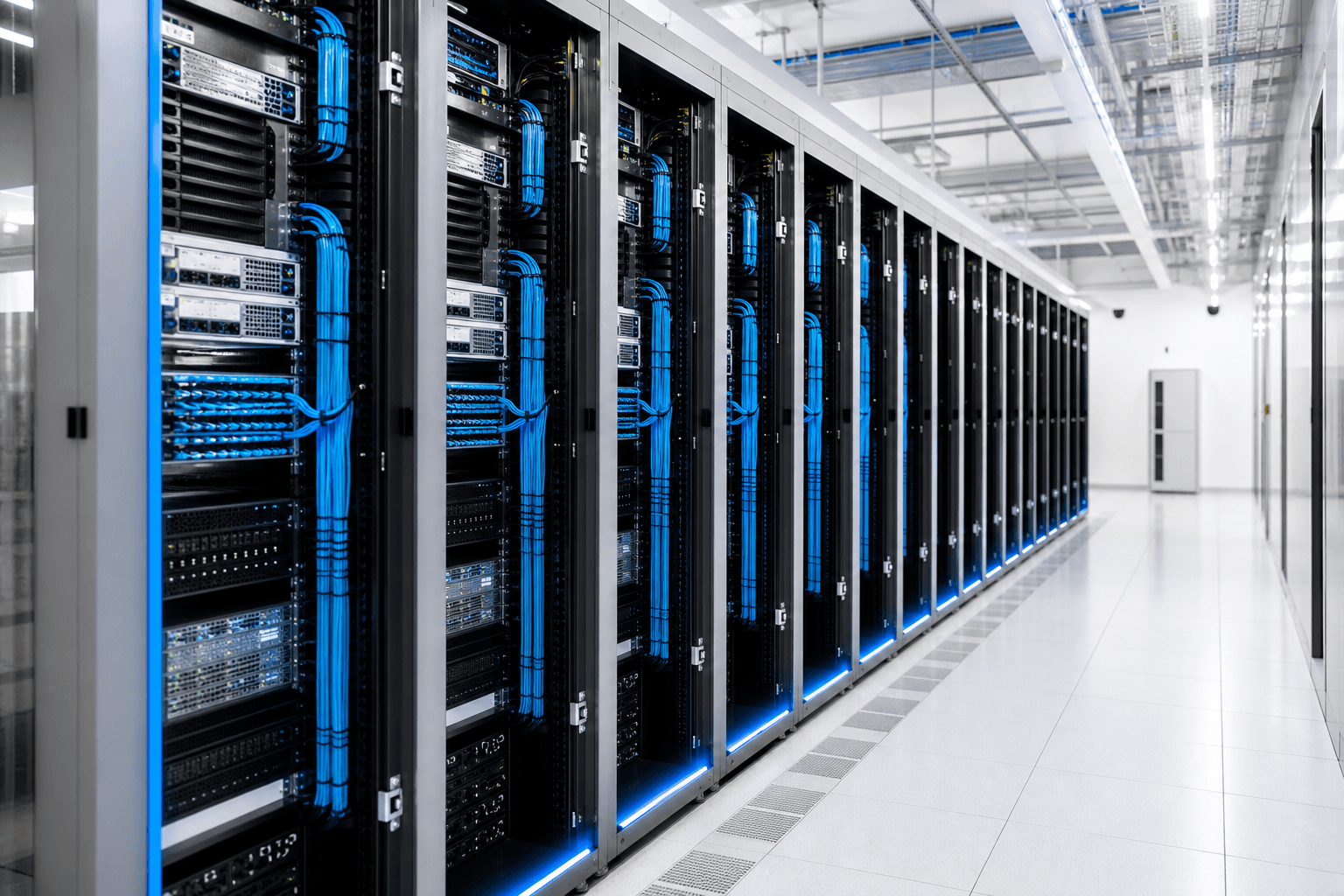 An aisle of dark server racks picked out by blue accent lighting