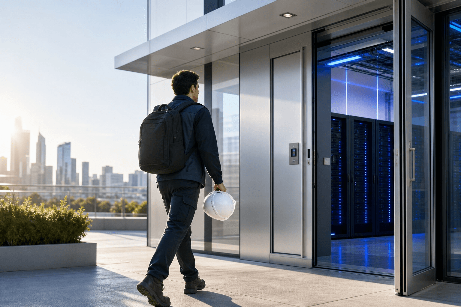 A field engineer carrying a backpack and hard hat walking towards a data centre entrance, city skyline behind