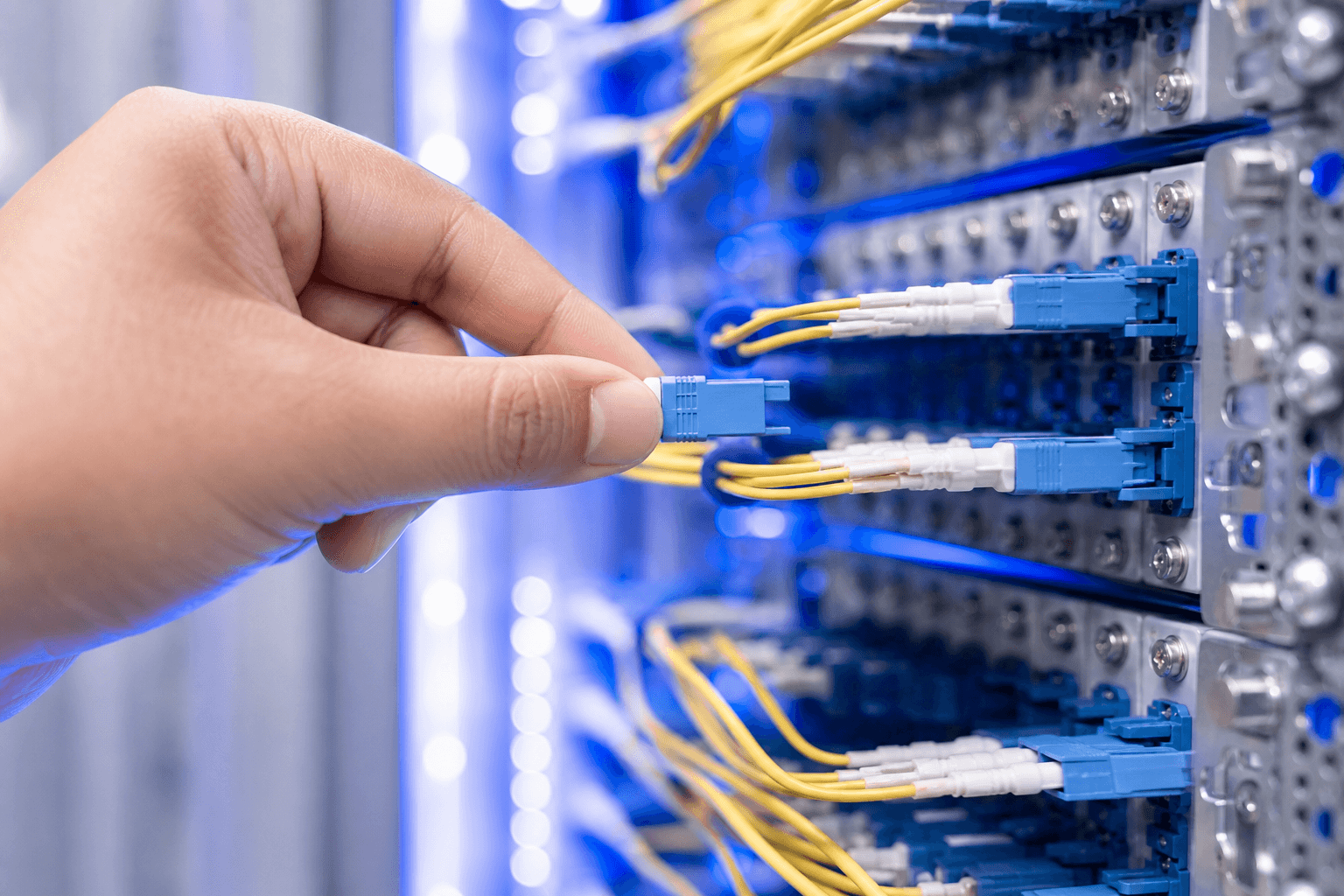 An engineer's hand connecting an LC fibre patch lead into a blue and yellow fibre patch panel