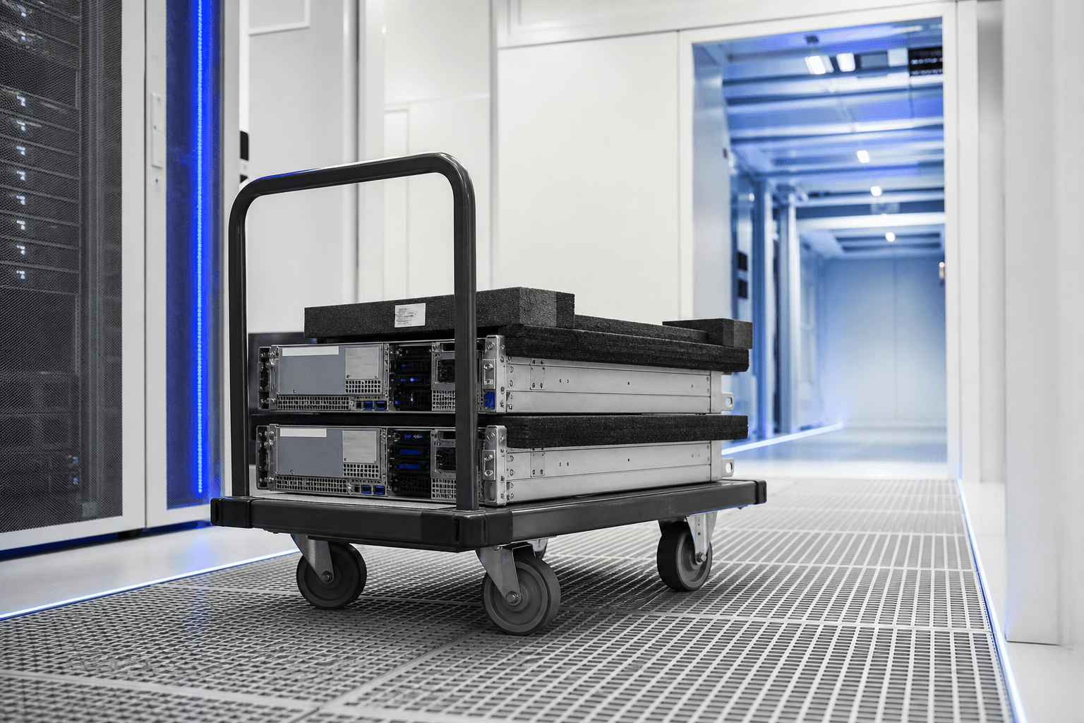 An equipment trolley loaded with servers being moved along a data centre corridor