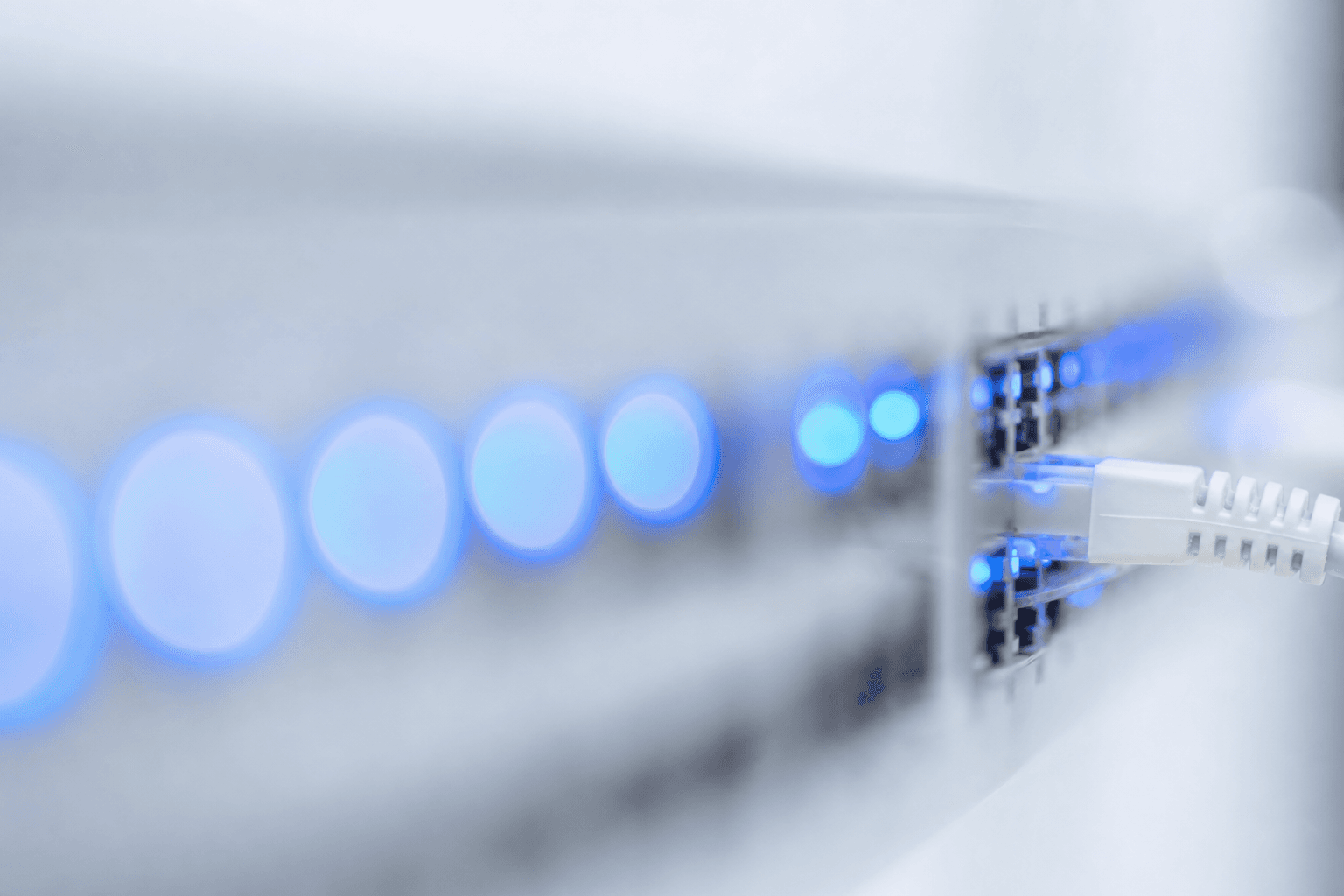 A row of blue-lit network ports in a switch, shallow depth of field
