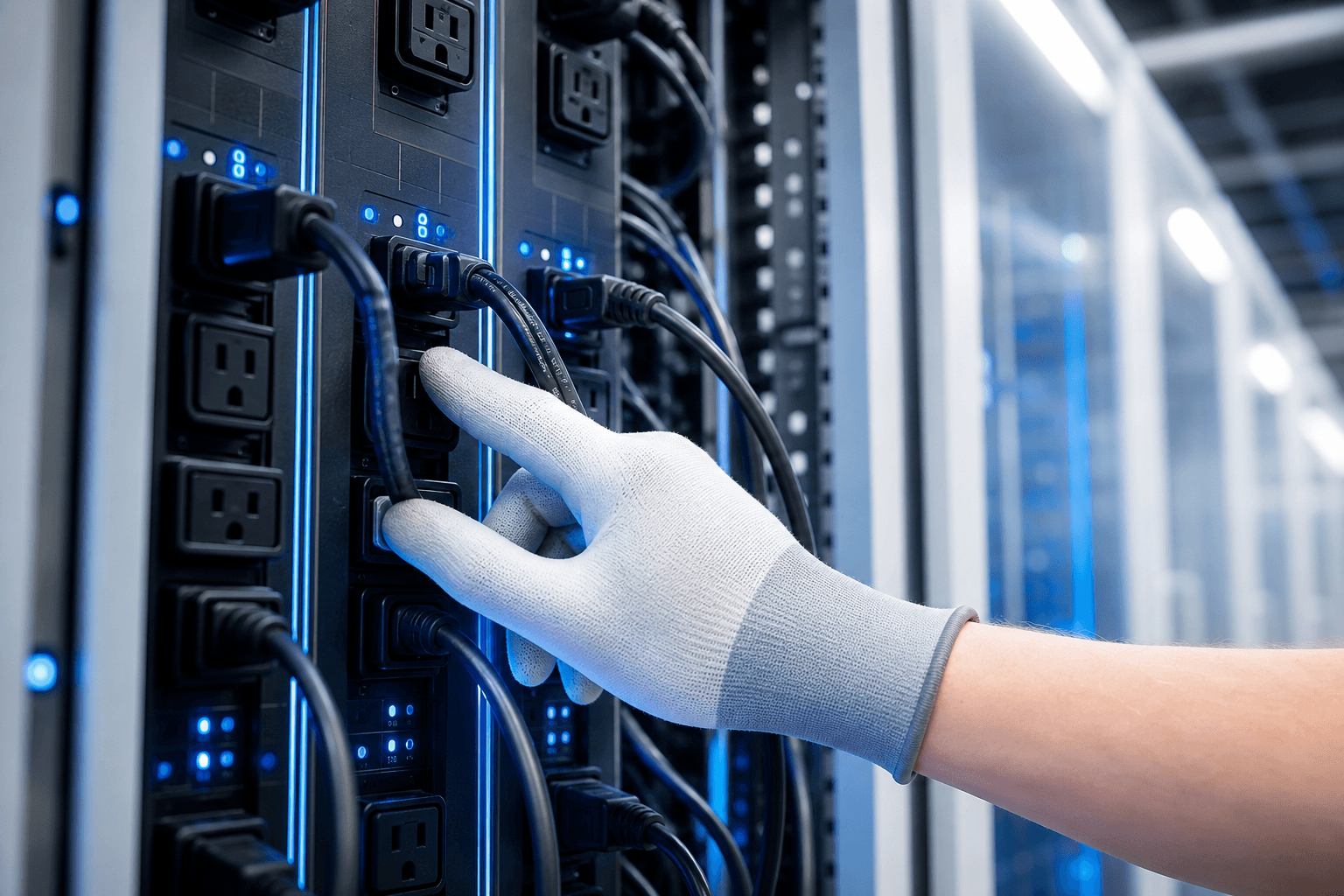 A gloved hand connecting a power lead to a rack-mounted PDU