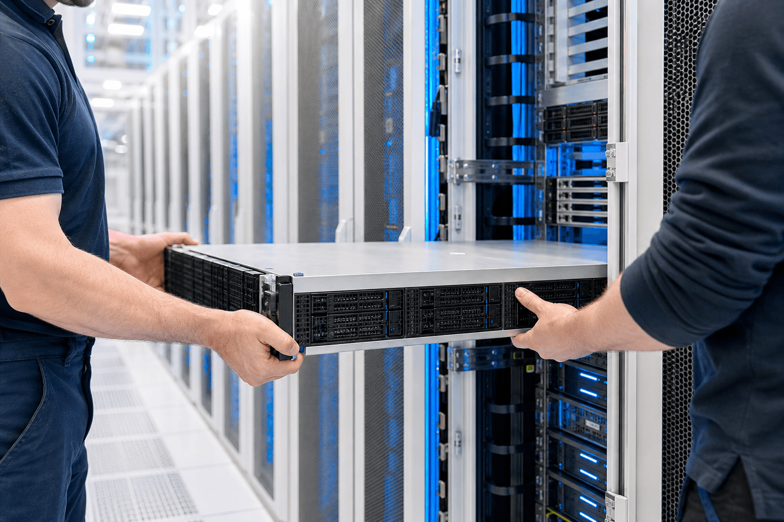 An engineer sliding a rack-mount server onto its rails in a data centre cabinet
