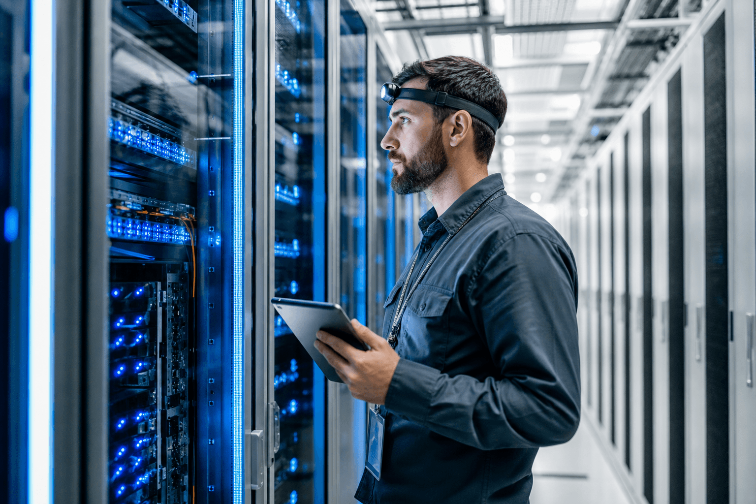 An engineer wearing a head torch checking a tablet between racks in a blue-lit data hall