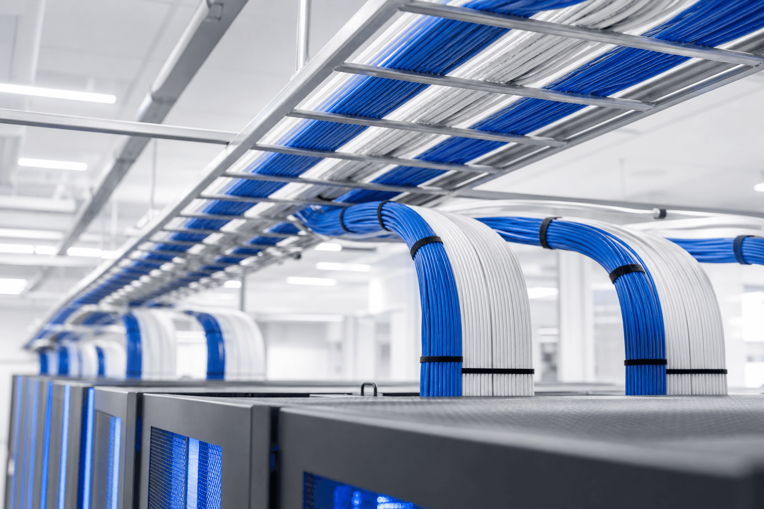 Overhead cable trays carrying neatly bundled blue and white structured cabling above a data hall